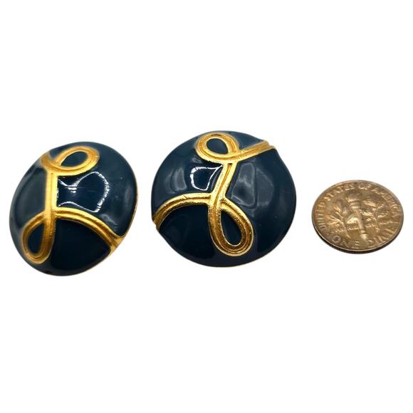 Monet Swirling Ribbon Earrings Clip On Blue Enamel Round Gold Tone Vintage - Picture 3 of 8